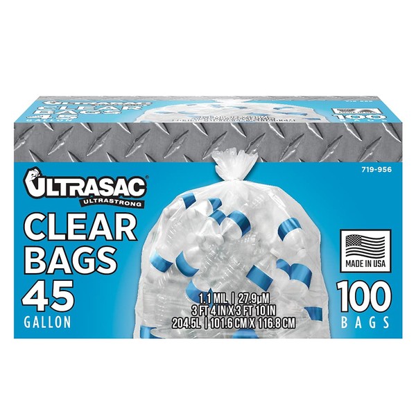 Ultrasac Heavy Duty 45 Gallon Garbage Bags (Huge 100 Pack w/Ties) - 40" x 46" - Industrial Quality Clear Trash Bags for Paper, Plastic, Cans, Bottles, Newspaper, Grass, Lawn