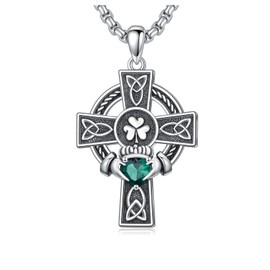 Cargari Claddagh Cross Necklace for Men Women 925 Sterling Silver Celtic Cross Pendant Claddagh Necklace May Birthstone Irish Jewelry