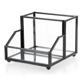 Hipiwe Glass Business Card Holder Stand Metal Pen Pencil Storage Holder for Desk Clear Business Name Card Display Organizer Case for Office Home Desktop,Black