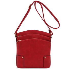 Triple Zip Pocket Large Crossbody Bag (Red)