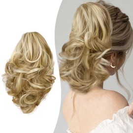 Gairyan 25 cm Ponytail Hairpiece Braid Extensions Long Curly Claw Clip-In Ponytail Extensions Synthetic Hair Extensions Wavy Hairpiece Hair Extension Ash Brown & Bleach Blonde
