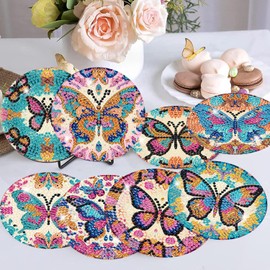Meothan 8 Pcs Diamond Art Coasters Kits with Holder Colorful Butterfly Diamond Painting Coasters Kits for Adults Beginners 5D Diamond Coasters with Cork Pads Gem Art Dots Paintings Crafts Supplies