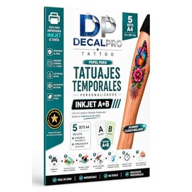 DecalPro Papel para Tatuajes Temporales Inkjet A+B, 5 Sets A4, Hojas Imprimibles para Impresora de Tinta, Tattoo Paper Personalizado, Resistente al Ag