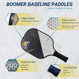 Boomer Baseline Pickleball Paddle | Graphite Face | Polymer Honeycomb Core | Comfort Cushion Grip | 7.8 oz Strong & Lightweight | Dink It! Smash It! Live It! (Onyx)