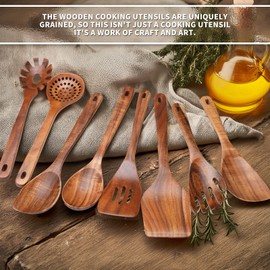 WOSPONFAN 9 PCS Kitchen Utensils Set - Wooden Spoons for Cooking, Natural Teak Wooden Utensils - Includes Wooden Spoons, Spatula Set, Slotted Spoon - Handmade Wooden Spoon Set