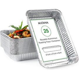 MATANA - 25 Reusable Aluminium Foil Roasting Trays, BBQ Tray, Aluminium Foil Trays, Catering Trays, Tray Bake tins for Baking, Tin Foil Trays - 31x21cm (2000ml)