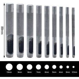 Samcos Hole Punch, 9 Sizes, Steel, Round Shape, Leather Hole Punch, DIY Tool, 0.1 inch (2.5 mm), 0.1 inch (3 mm), 0.2 inch (4 mm), 0.2 inch (6 mm), 0.2 inch (6 mm), 0.3 inch (7 mm), 0.3 inch (9 mm), 0.4 inch (10 mm), Leather Craft Punch