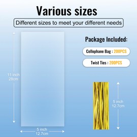 MORIDA - 200 bolsas de celofán de 5 x 11 pulgadas, bolsas de celofán, bolsas de regalo transparentes para tartas, bolsas de caramelo, bolsas de violonchelo para recuerdos de fiesta, regalos, panadería, galletas con lazos de 5 pulgadas