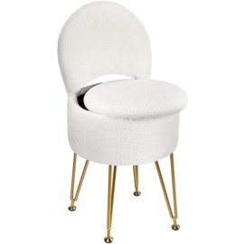 GREENSTELL Vanity Stool Chair with Storage and Folding Back, 15.7" x 15.7" x 19.5" Faux Fur Soft Ottoman for Adults, 4 Metal Legs with Anti-Slip Feet, Furry Padded Seat for Makeup, Bedroom, White