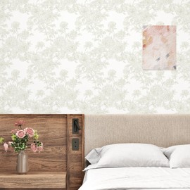 Mangoloo Beige Floral Peel and Stick Wallpaper Vintage Green Floral Wallpaper for Bathroom Bedroom Self Adhesive Removable Texture Contact Paper for Cabinets Shelf Liner Temporary 17.5"x314"