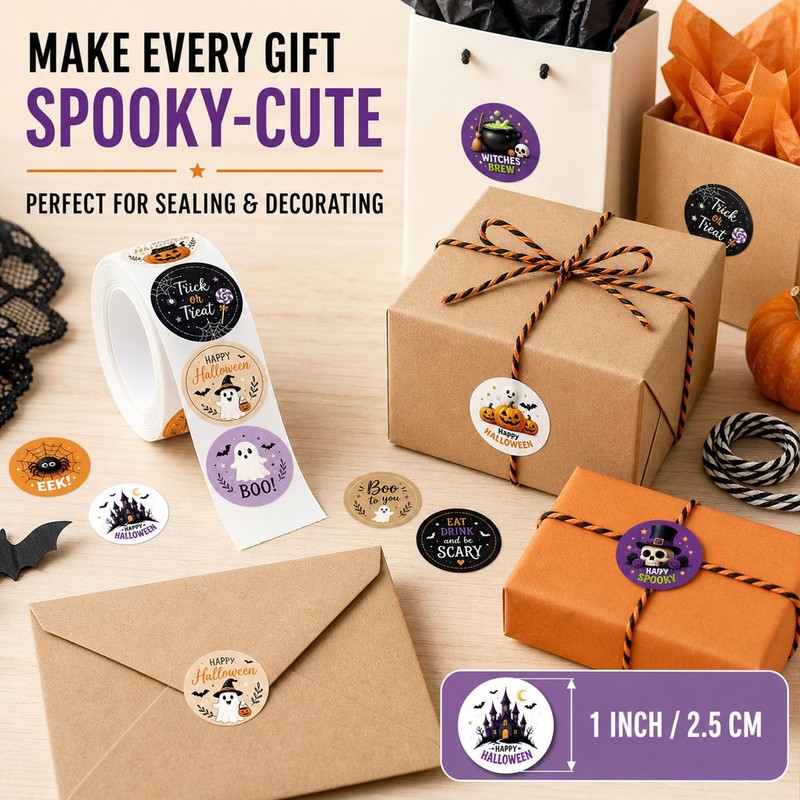 Halloween Stickers Roll 1000pcs, 2.5cm Round, 12 Spooky Patterns