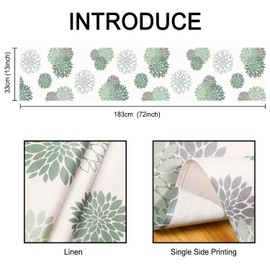Table Runner Green Grey Linen Dahlia Flower Modern Attractive Farmhouse Flower Table Middle Decor Spring Summer Table Runner for Living Room Home Dining Party Entrance Patio 33 x 183 cm