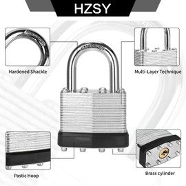 HZSY Padlocks Keyed Alike, Pack of 6, Laminated Steel Keyed Lock (1-9/16", 40mm), Padlocks with Same Key, Normal Shackle, for Toolbox, Locker & StorageUnit or More