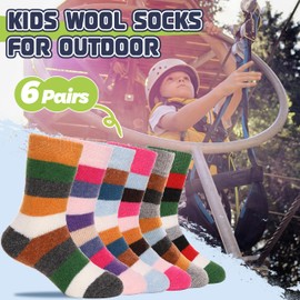 Kids Merino Wool Socks Boys Toddlers Thermal Hiking Winter Thick Warm Heavy Crew Cabin Cozy Socks 6 Pack Gift Stocking Stuffer for Kids(Rainbow Stripe,1-3 Y)