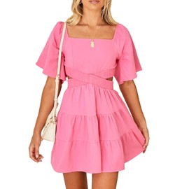 Shy Velvet Women's Summer Dress Square Neck Short Sleeves Crossover Waist Casual Party Mini Dress Pink