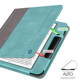 Fintie Case Compatible with Tolino Vision 5 2019 / Kobo Libra H2O - Kickstand Protective Case with Card Slot, Wrist Strap and Auto Sleep/Wake Function, Denim Look Turquoise