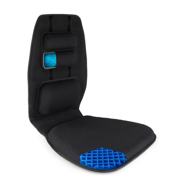 FOMI Gel Seat Cushion and Adjustable Back Support | Lumbar Pillow Flexible Placement for Upper Lower Thoracic, Coccyx, Pressure Sore Pain Relief | for Car, Office Chair, Gaming, Stadium | Posture Aid