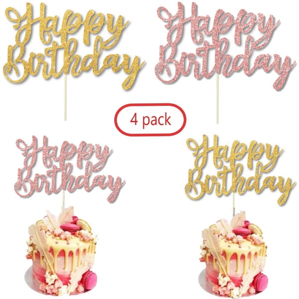 4 Pack Happy Birthday Cake Topper, Color 2 Glitter Gold And 2 Rose Gold Birthday Cake Topper Birthday Party Decorations,1st First Happy Birthday