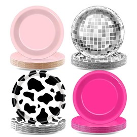 SKTMH 40Pcs Western Cowgirl Party Paper Plates Cow Print Themed Party Supplies 7In Hot Pink Disco Ball Disposable Dessert Plates Cow Themed Party Plates for Cowgirl Birthday Bachelorette Disco Party