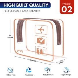 VYRL 2 Pack Clear Makeup Bag - Quart Size 3-1-1 TSA Approved Toiletry Bag with Zipper - Water-Resistant Durable PVC Clear Toiletry Bag for Carry-on Airport Travel Accessories - Rose Gold