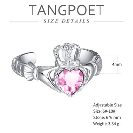 TANGPOET 925 Sterling Silver Claddagh Ring Irish Claddagh Ring Celtic Birthstone Ring Gifts for Women Girls, Precious metal, Cubic Zirconia