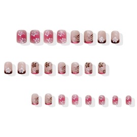 MERVF Square Press on Nails Short Fake Nail Pink Brown French Tip Glue ons Flower Acrylic Aura Gradient Squoval Manicure 24pcs Glossy