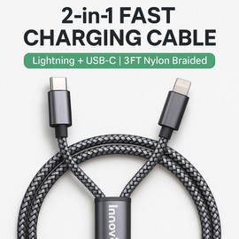 innov8 Multihead Charging Cable 3 in 1 Nylon Braided Multiple USB Fast Charger Cord 3ft(1m) with Lightning/Micro USB/Type C USB