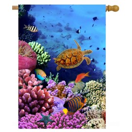 ShineSnow Exotic Blue Summer Ocean Sea Turtle Underwater Life Coral Reef Fish House Flag 28" x 40" Double Sided Polyester Welcome Yard Garden Flag Banners for Patio Lawn Home Outdoor Decor