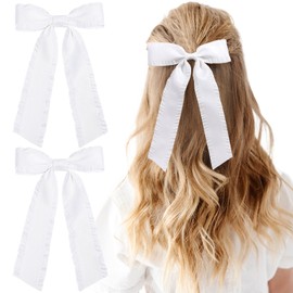 NCMAMA 2PCS Hair Bows for Girls White Hair Ribbon Bowknot Hair Clips Barrettes Hair Accessories for Girl Teens Kids Toddler with Long Tail
