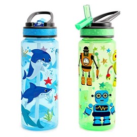 Home Tune 23oz Kids Water Drinking Bottle - BPA Free, Flip Straw Lid Cap, Lightweight, Carry Handle, Leak-Proof Water Bottle with Cute Design For Girls & Boys - 2 Pack Shark & Robot