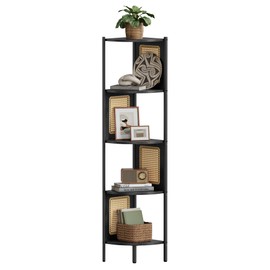 VASAGLE 5-Tier Corner Shelf Stand, Boho Corner Bookshelf with Polyrattan Sides, Plant Stand for Living Room Bedroom Study Kitchen, Ebony Black ULLS588B56