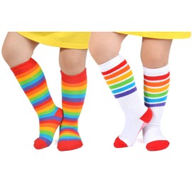 EPEIUS Baby Girl Rainbow Striped Knee High Socks Soccer Socks Cotton Non-Skid Uniform Tube Stockings Infant Grip Socks for 3-12 Months,2 Pairs,Classic Red Multi