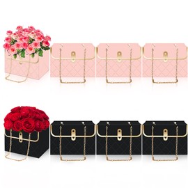 Whaline 6Pcs Paper Flower Bags with Metal Chain Bouquet Storage Bucket Florist Bag Handbag Flower Bouquet Wrapping Basket Handbag for Wedding Party Birthday Mother's Day Gift Bags, Black Pink
