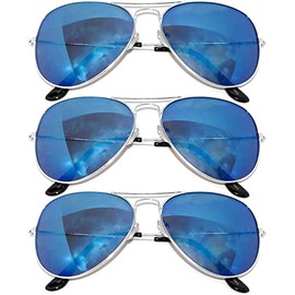 Aviator Full Mirror Lens Sunglasses Blue Color Lens Metal Silver Color Frame 3 Pairs Men Women