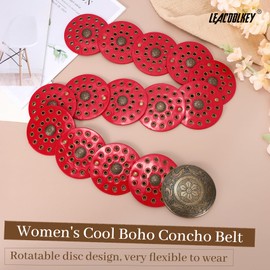 LEACOOLKEY Women's Boho Disc Belt Wide Western Leather Belt Vintage Concho Waist Belt for Dress Jeans