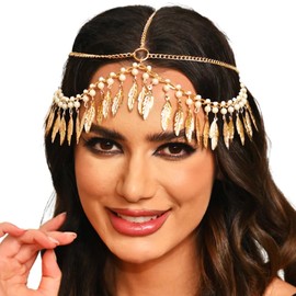 Handcess Boho Head Chain Gold Tassel Headpiece Festival Beads Headband Bridal Hair Accessories Hair Chain Jewellery for Women and Girls