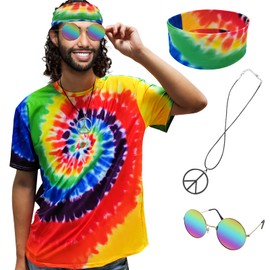 XonyiCos Hippie Costume for Men Women 60s and 70s colorful T-shirt sunglasses headband Peace necklace 4-piece theme party (T-shirt 4 piece set, XX-Large)