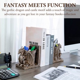 MyGift Gothic Brown Resin Dragon Guarding Castle Heavy Duty Bookends and Pencil Holder, Decorative Fantasy Inspired Dragons Tower Office Desk Pen Cup Book Ends, 1 Pair