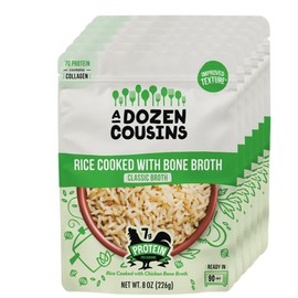 A Dozen Cousins Classic Instant Minute Rice (6 Pack), Microwave Ready to Eat Meals, Parboiled Long Grain White Rice Simmered in Chicken Bone Broth, 7g Protein, Collagen, Avocado Oil, 8oz Packets