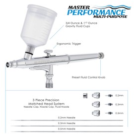 Master Airbrush G244 Pro Dual-Action Gravity Feed Airbrush Set with 3 Nozzle Sets (0.2, 0.3, 0.5mm) & Two Cups (3/4, 1.5 oz) for Tanning & Hobby - Air Brush Gun for Painting, Aerografo Body Art & Cake