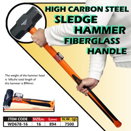 WeDo Sledge Hammer 16 lb(256oz) with Fiberglass Handles, High Carbon Steel Hammer, Shock Resistant, Non-Slip Handle, Die-forged, Strong Torque, Durable WD678-16NN