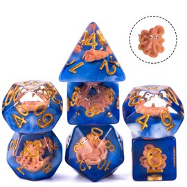 cusdie 7-Die DND Dice, Polyhedral Dice Set Filled with Animal, for Role Playing Game Dungeons and Dragons D&D Dice（Brown Octopus）