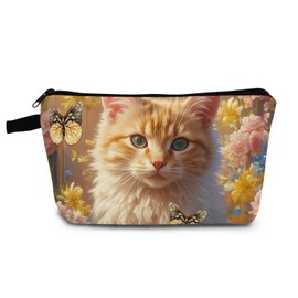 YULUENZE Kawaii Cat Gift Floral Cartoon Cat Makeup Bag Cute Small Organizer Bag with Zipper Lovely Kitten Kitty Cosmetic Bag Birthday Gifts for Cat Lovers Women Sisters Friends