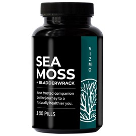 Sea Moss Capsules - 100% Natural Irish Sea Moss & Bladder Tang, Vegan Without Additives, 500 mg Superfood for Immune System, Skin & Hair, Health General Wellbeing, Laboratory Tested - 180 Capsules