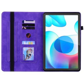 SATURCASE Case for Realme Pad 10.4, Multifunction PU Leather Flip Wallet Stand Card Slots Elastic Band Zipper Pocket Pen Holder Protective Cover (Purple)