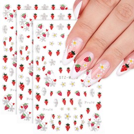 Strawberry Nail Stickers, 3 Sheets 5D Summer Nail Stickers Self-Adhesive Fruit Nails Sticker Embossed Strawberry Flower Decals Design Manicure Sticker Accessories for Women DIY Nails Art Decoration