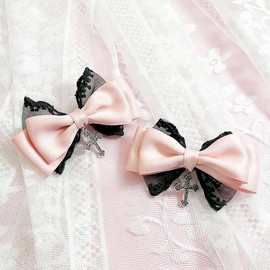 Lace Ribbon Clip with Cross Bijou Set of 2 Pink Lolita Yume Cute Gothic Lolita Hair Clip Hairpin Hair Accessories [Parallel Imported Imported Product]