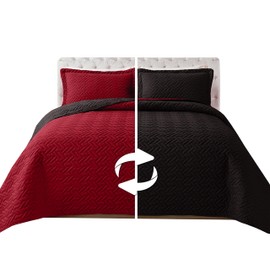 Elegant Comfort 3-Piece Quilted Reversible Bedspread Coverlet Set with Pillow Shams, Exquisite Majestic Stitching All Season Heavy Weight - Ultra Soft Premium Quilt- Queen, Black/Burgundy