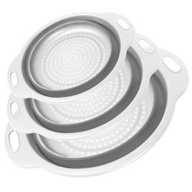 Cluren Collapsible Colander 3-Pack Set Space-Saving Foldable Kitchen Strainer with Non-Slip Base Durable Thickened PP+TPE Collapsible Strainers for Pasta, Vegetables, Fruits (Gray-Green)