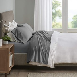 Sleep Philosophy Smart Cool Microfiber Moisture-Wicking Breathable Hypoallergenic 4 Piece Cooling Sheet Set, King Size, Grey (SHET20-963)